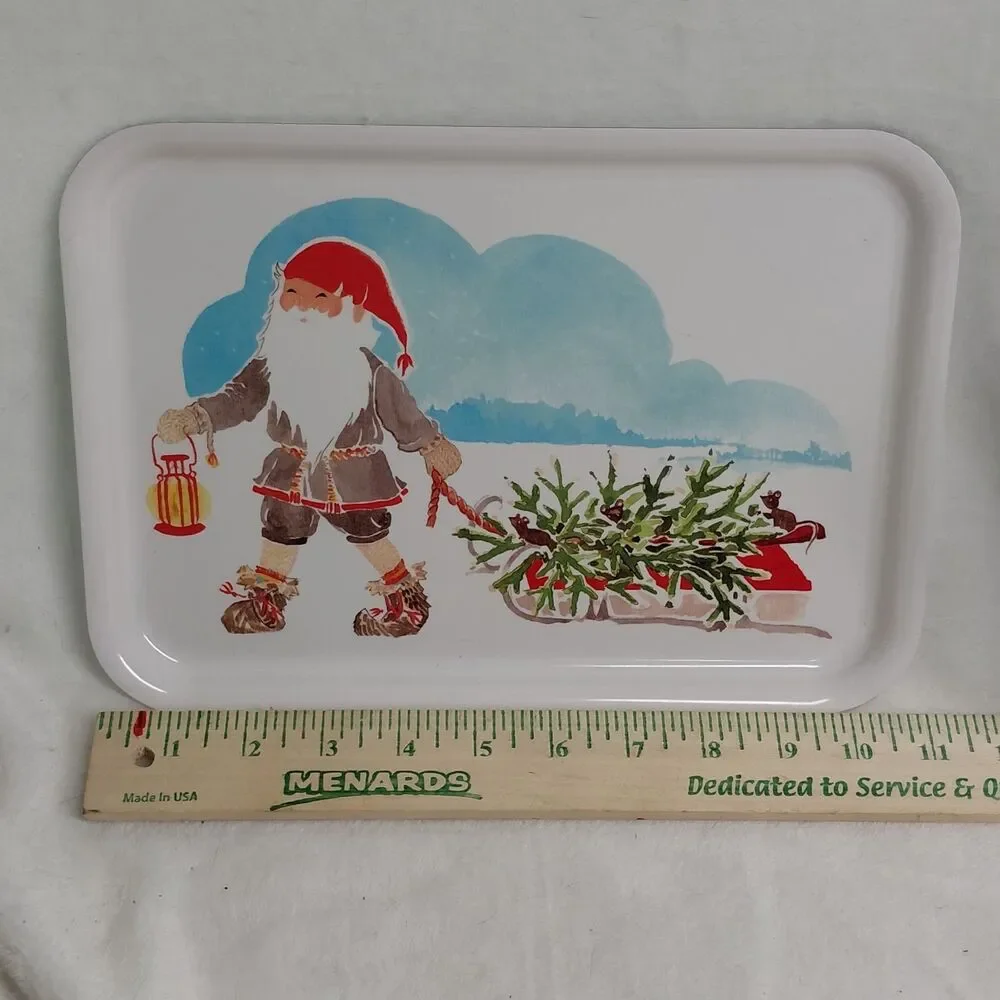 IKEA Christmas Serving Tray Gnome Tomte Pulling Sled with Tree Melamine 8x11